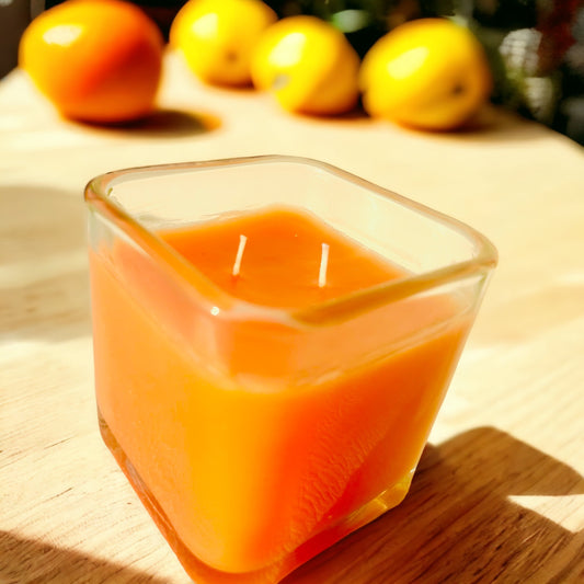 Ambrosia Triple Scented Candle, Coral or orange color, front view with citrus fruit in background