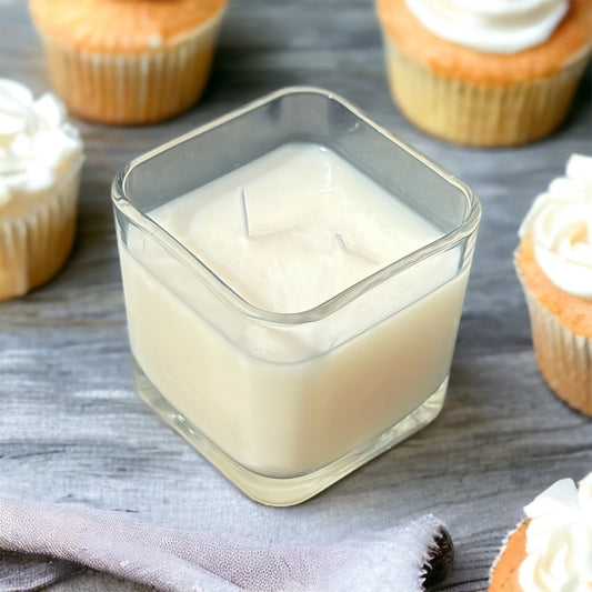 Vanilla Yum Yum Triple Scented candle white clear square glass container candle vanilla cupcakes
